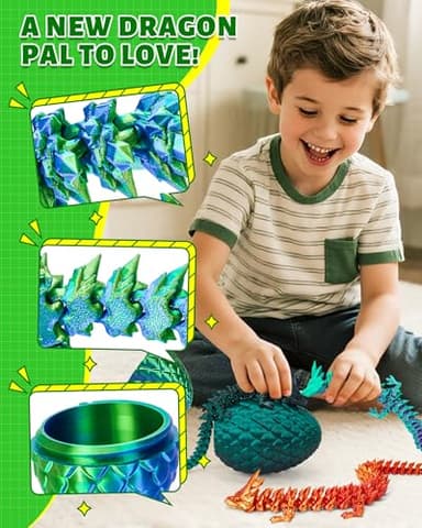 3D Printed Dragon Easter Egg - Basket Essentials Stuffers, Prefilled Easter Egg Filled with Toy, Articulated Crystal Dragon Fidget Toy for Kid (Laser Green-12inch) - Image 2