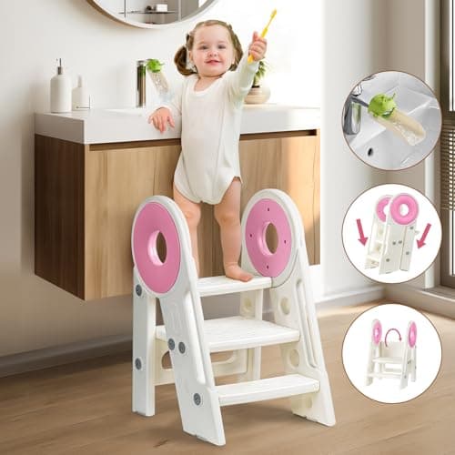 Foldable Toddler Step Stool, 2-3 Step Kids Bathroom Stool for Sink and Toilet, Non-Slip Potty Training Helper for Ages 18 Months to 3 Years (Pink) - Image 1