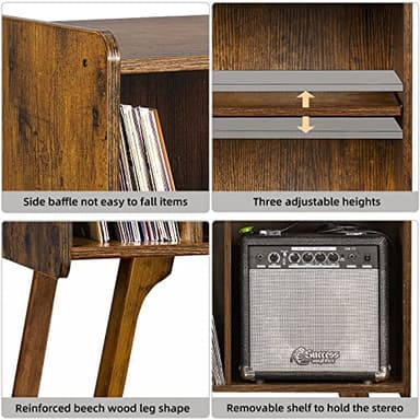 Lerliuo Record Player Stand with 4 Cabinet Holds Up to 220 Albums, Large Turntable Stand with Beech Wood Legs, Mid-Century Record Player Table,Brown Vinyl Holder Storage Shelf for Bedroom Living Room - Image 5
