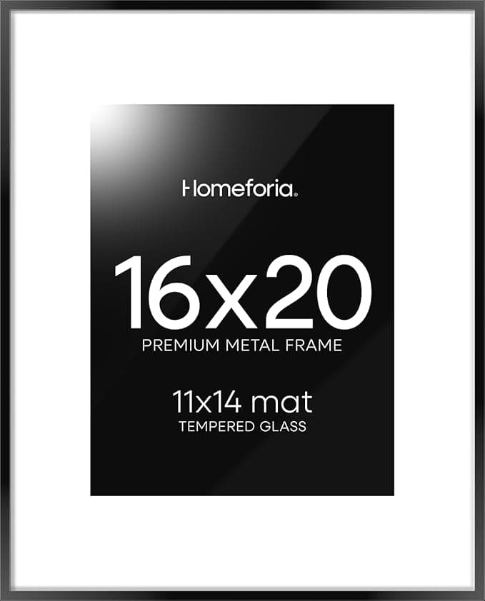 Homeforia 16 x 20 Picture Frame Black, High End Metal 11x14 Matted for 16x20 Frame, 16 x 20 Black Poster Frame with Mat 11 x 14 inch Photo, 20x16 Thin Hanging Frame, Tempered Glass, Wall Kit, Set of 1 - Image 1