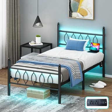 Samurbex Twin Size Bed Frame with Headboard,Black Metal Platform Bed Frame Twin Size with Charging Station & LED Lights,12-Inch Under Bed Storage,No Box Spring Needed,Noise Free,Easy to Assemble - Image 8