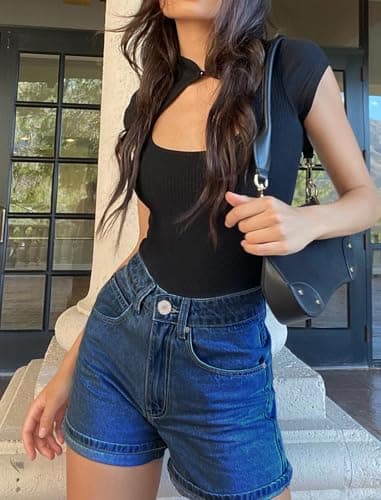 onlypuff Ripped Jean Shorts Womens Mid High Rise Stretchy Casual Denim Shorts Frayed Raw Hem Navy Blue M - Image 3