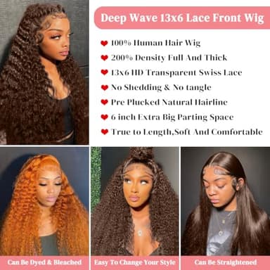 200 Density Chocolate Brown Lace Front Wig Human Hair 30 Inch 13x6 HD Deep Wave Lace Front Wigs Human Hair Colored Deep Curly Lace Frontal Wigs Glueless Wig for Woman Pre Plucked with Natural Hairline - Image 3