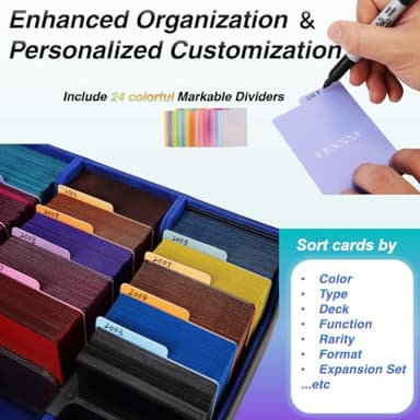 Venssu Card Storage Box For Trading Cards With Dedicated Card Supporters,3000+ Mtg Deck Box With 24 Colorful Divider Tabs,Trading Card Storage Fits For Magic Game Cards (Black and Blue) - Image 3