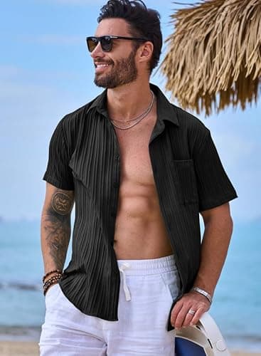 JMIERR Men's Summer Linen Shirts Short Sleeve Button Down Black Shirts for Men Textured Fashion Holiday Beach Casual Shirt, 2XL, - Image 8