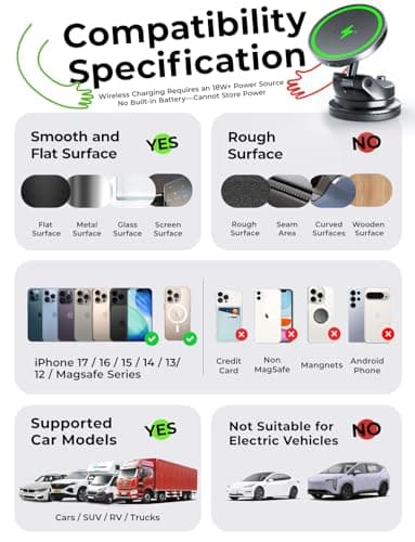 LISEN 15W Magsafe Car Mount Charger，[Lever Lock] Suction Cup Phone Holder, [More Portable＆Flexible] 360° Vacuum Magnetic Car Phone Holder Charger Wireless for iPhone 17 Pro Max Air 16 15 14 13 12 - Image 9