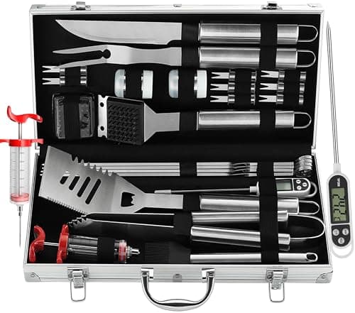 Grilljoy 24PCS BBQ Grill Tools Set with Meat Thermometer and Injector - Extra Thick Stainless Steel Fork, Spatula& Tongs - Complete BBQ Accessories in Aluminum Case - Perfect Grill Gifts for Men - Image 1