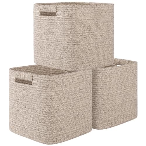 OIAHOMY Storage Cubes 11 Inch Storage Bins-3-Pack, Cotton Rope Woven Baskets for Organizing, Square Storage Baskets for Shelves Organizer, Classroom, Kids Toy Bins, Closet, Baby Nursery-Brown - Image 1