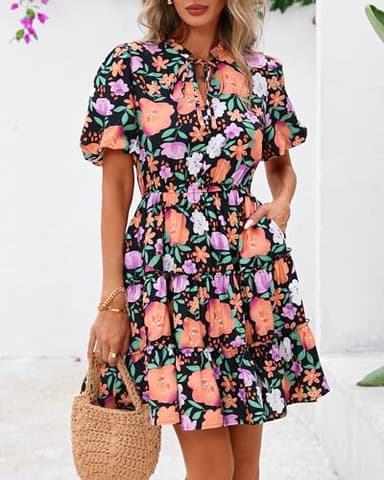 BTFBM Women Summer Floral Short Dresses V Neck Short Sleeve Tiered Ruffle Boho Swing Dress A-Line Mini Dresses(Black Orange Yellow Floral,Small) - Image 3
