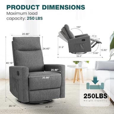 SMUG Swivel Rocking Recliner Chair with Extra Large Footrest High Back, Upholstered Glider Nursery Chair for Living Room, Bedroom & Nursery, Comfortable Deep Seat for Relaxation, Grey - Image 2