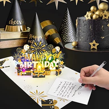 BYKOOO Birthday Card | Musical Pop Up Birthday Cards w Light | Blow Out LED Light Candle & Play Happy Birthday Music Pop Up Card | Greeting Cards Gifts for Him or Her | Black Gold (Blowable Candle) - Image 7