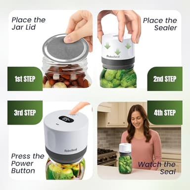 RoboSeal Rechargeable Mason Jar Vacuum Sealer for Mason Jars Wide & Regular Mouth, One Touch Operation Canning, 50 Jar Lids & Jar Opener Included, Digital Battery Indicator, Preserves Foods 5x Longer - Image 6