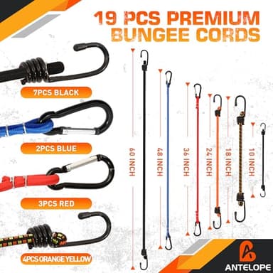 A ANTELOPE 30-Piece Premium Bungee Cord Assortment Includes 18", 24", 36", 48", 60" Bungee Cord, 8" Canopy/Tarp Ball Ties and Alligator Mouth Tarp Clips - Image 2