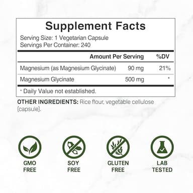 Magnesium Glycinate 500mg, 240 Veggie Capsules | 100% Chelated for Easy Absorption | Essential Mineral Supplement for Muscle, Sleep, & Heart Health - Image 2