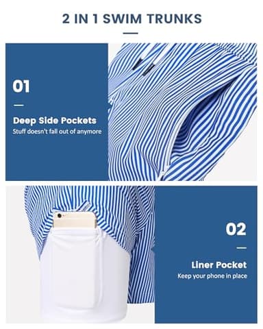 maamgic Mens Swim Trunks with Compression Liner 5" Stretch Beach Shorts Quick Dry with Zipper Pockets No-Chafing Board Shorts Blue White Stripe L - Image 2