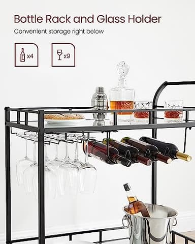 VASAGLE Bar Cart Black, Home Bar Serving Cart, Wine Cart with 2 Mirrored Shelves, Wine Holders, Glass Holders, for Kitchen, Dining Room, Black ULRC090B62 - Image 5
