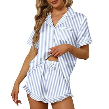 SAPJON Satin Silk Pajamas for Women 2Pcs Ruffle Notch Collar Sleepwear Button Down Short Sleeve Shorts Pjs Set Loungewear - Image 1