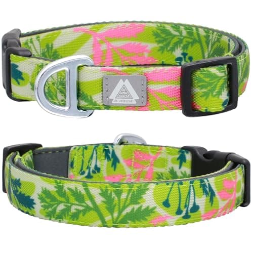 JC HOUSE Medium Dog Collar with Reflective Logo and Soft Padded Neoprene,Summer Tropical Leaf Design, Adjustable,Lightweight & Durable, Neck Size 12’’-20’’ (Leaf, M) - Image 1