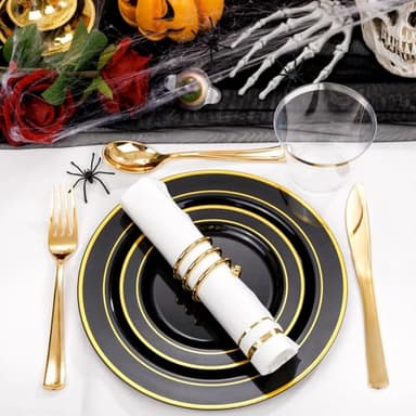 GATHER 350PCS Black Plastic Plates-Disposable Dinnerware Set Include 100PCS Black and Gold Plastic Plates, 150 Silverware, 50 Napkins, 50 Cups Perfect for Party & Wedding & Halloween - Image 5