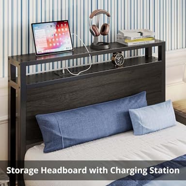 LIKIMIO Twin XL Bed Frames with Drawer, Storage Headboard with Outlets, No Box Spring Needed, Easy Assembly, Gray Black - Image 4