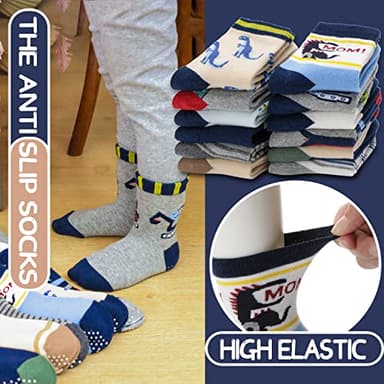 ANTSANG Baby Boys Grips Socks Kids Toddlers Infants Non Slip/Anti Skid Crew Cotton Socks 12 Pairs (Boy's-Dinosaur(12 Pairs),5-8 Y) - Image 2