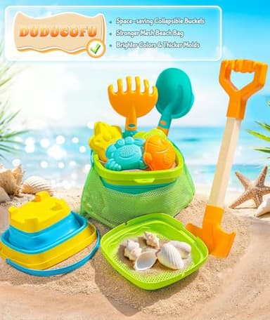 DUDUCOFU Collapsible Beach Sand Toys for Kids Toddlers, Collapsible Sand Bucket with Sifter Shovels Set with Mesh Bag and Sand Molds, Travel Beach Sandbox Toys for Boys Girls 3 4 5 6 7 8 9 10 - Image 8