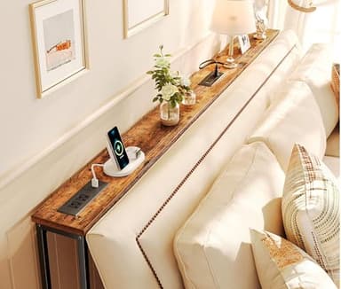 SUPERJARE 5.9 Inch Narrow Console Table with Outlet, Sofa Table Set of 2, Total Length 78'', Behind Couch Table, Long Entryway Tables with Charging Station, for Living Room, Rusitc Brown - Image 2