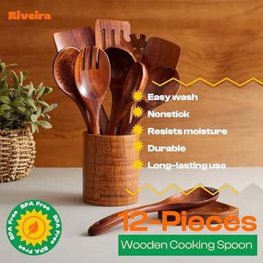 Riveira Dark Teak Kitchen Utensils Set - 12-Piece Non-Toxic Cooking Utensils Set - Wooden Spoons for Cooking - Spatula for Cooking - Teak Wooden Utensils - Image 5