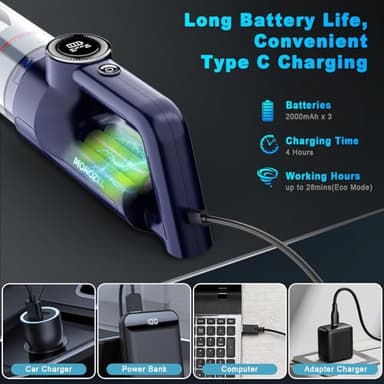 MONOZEL Handheld Vacuum Cordless - Car Vacuum Cleaner with Brushless Motor, 15000Pa Powerful Suction with LED Light, Type C Cable, 2 Fliters, Portable Hand Vacuum for Home, Car, and Office - Image 4