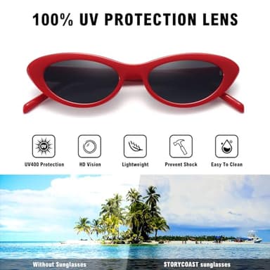 STORYCOAST Trendy Small Cat Eye Sunglasses for Women Retro 90s Oval Narrow Sun Glasses Vintage Skinny Shades UV400 Protection Red Frame-Gray Lens - Image 3