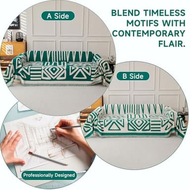 VClife Boho Couch Cover Sectional Sofa Cover for Dog Breathable Chenille Couch Covers for 2 Cushion Couch Sofa, Washable Dark Green White Geometry Loveseat Cover Slipcover with Tassel 71"X102" - Image 3