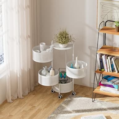 JAQ Rotating Storage Shelves Rack for Kitchen, 4-Tier Multi Layer Removable Basket Shelf Organizer on Rolling Wheels for Fruit Vegetable Grocery Corns Potato Onion (4-Tier, White) - Image 2