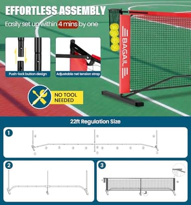 BAGAIL Portable Pickleball Net Set, 22 FT Regulation Size Pickle Ball Net with Ball Collector, Carry Bag, Easy Setup for Outdoor Indoor Driveway - Red - Image 6