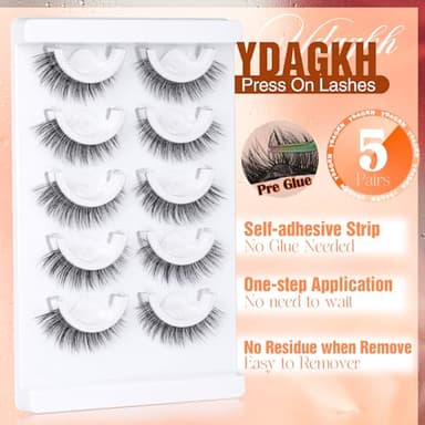Self Adhesive Eyelashes Short 8-14mm Natural Self Adhesive Lashes No Glue Needed Invisible Band Reusable Press On Lashes without Eyeliner Cat Eye Pre Glued Mink Lashes 5 Pairs False Lashes by YDAGKH - Image 3