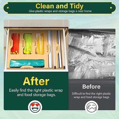 KOCWELL Bag Organizer and Plastic Wrap Dispenser with Cutter, 6 In 1 Bamboo Foil and Plastic Wrap Organizer for Kitchen Drawer, Food Storage Bag Organizer for Gallon,Quart,Sandwich,Snack(Yellow) - Image 5