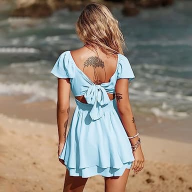 EXLURA Women's 2025 Summer Ruffle Short Sleeve Tie Back Romper Dress Square Neck A Line Cute Dressy Short Jumpsuits Light Blue - Image 2