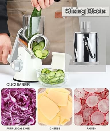 Ourokhome Rotary Cheese Grater Hand Crank, Kitchen Shredder Speed Mandolin Slicer Nuts Grinder with Handle and Drum Blades for Cheese, Vegetable, Walnuts, Chocolate, Potato, Carrot, 3 Blades, White - Image 4