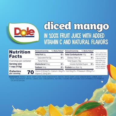 Dole Diced Mango in 100% Fruit Juice - Dole Fruit Bowls - 4 oz Fruit Bowls - 24 Pack - Image 2
