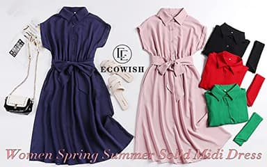ECOWISH Womens 2025 Spring Summer Casual Short Sleeve Midi Dresses V Neck Button Down Belted Shirt Dress with Pockets Red L - Image 7