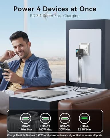 Laptop Charger, GaN 140W USB C Charger PD3.1 PPS 4-Port Multi-Device Fast Charging, USB C Power Adapter, Intuitive Touch Screen, for MacBook Pro, iPhone 17/16 Series, Samsung Galaxy,Pixel,DJI Drone - Image 3
