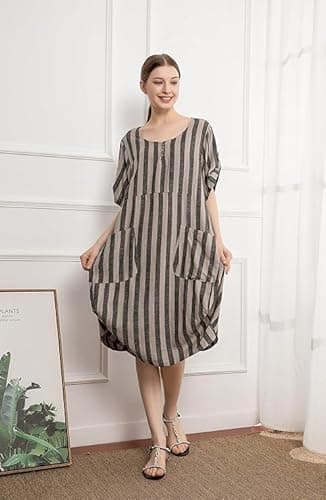 Minibee Women's Ruffle Oversize Casual Midi Dresses with Pockets Style 2 Black Stripe XL - Image 6