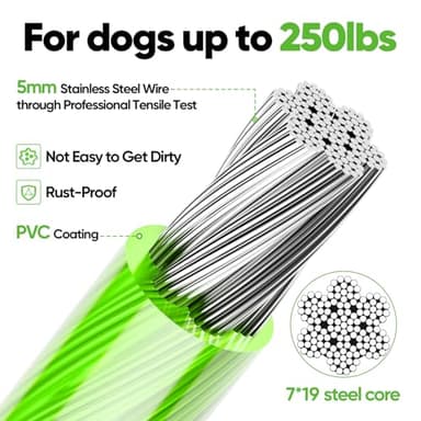Tresbro 20FT Reflective Tie Out Cable for Dogs Up to 250 Pounds, Steel Wire Dog Leash Cable with Stainless Rotatable Buckle, Lightweight and Enduring, Dog Chains Outside for Outdoor Yard, Green - Image 3