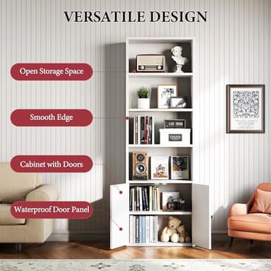 oneinmil 71.5" Tall Bookshelf and Bookcase, 6-Tier Wooden Bookshelves with Cabinet Doors, Floor Bookshelves and Office Storage Cabinets for Home Office, Living Room (White 1 Pack, 6-Tier) - Image 4