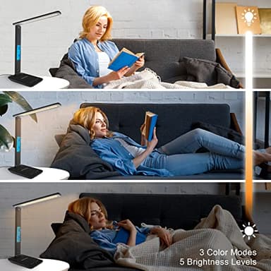 Desk Lamp with Wireless Charger，USB Charging Port, Dimmable Office Desk Light with Clock, Alarm, Date, Temperature, Foldable Lamp for Table Bedroom Bedside Office (Black, Standard Size-13.3 inch) - Image 3