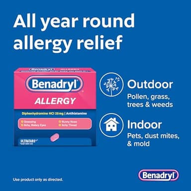 Benadryl Ultratabs Allergy Medicine, 25 mg Diphenhydramine HCl Antihistamine Tablets For Cold & Allergy Relief of Symptoms Like Sneezing, Runny Nose, Itchy Eyes & Throat, Hay Fever, 100 Count Tablets - Image 2