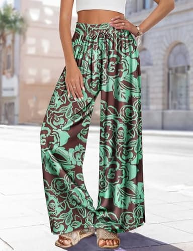 YESNO Women Summer Boho Palazzo Pants High Waist Wide Leg Floral Casual Cotton Lounge Trousers with Pockets L PP0 CR430 - Image 3