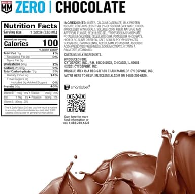Muscle Milk Zero Protein Shake, Chocolate,20g Protein, Zero Sugar, 100 Calories, Calcium, Vitamins A, C & D, 4g Fiber, Energizing Snack, Workout Recovery, Packaging May Vary,11.16 Fl Oz (Pack of 12) - Image 2