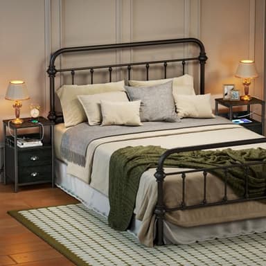 Furologee Nightstand Set of 2, Black Oak, with Charging Station and USB Ports, Side Tables with 2 Fabric Drawers, Bedside Tables with Storage Shelf & Hooks, for Living Room/Bedroom - Image 5