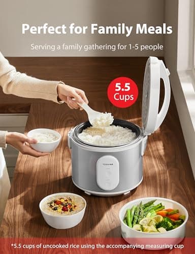 TOSHIBA Rice Cooker & Steamer Simple 5.5 Cup(Uncooked) with Steaming Basket, Removable Non-Stick Inner Pot & Inner Lid, for Soups, Stews, Grains&Oatmeal, One Touch&Keep Warm Function, Silvery White - Image 5