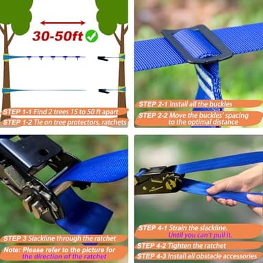 Ninja Warrior Obstacle Course for Kids, 2×56ft Slackline Kit with 8 Ninja Accessories - Monkey Bar, Rope Ladder, Gymnastic Ring, Arm Trainer and Monkey Fist - Image 4